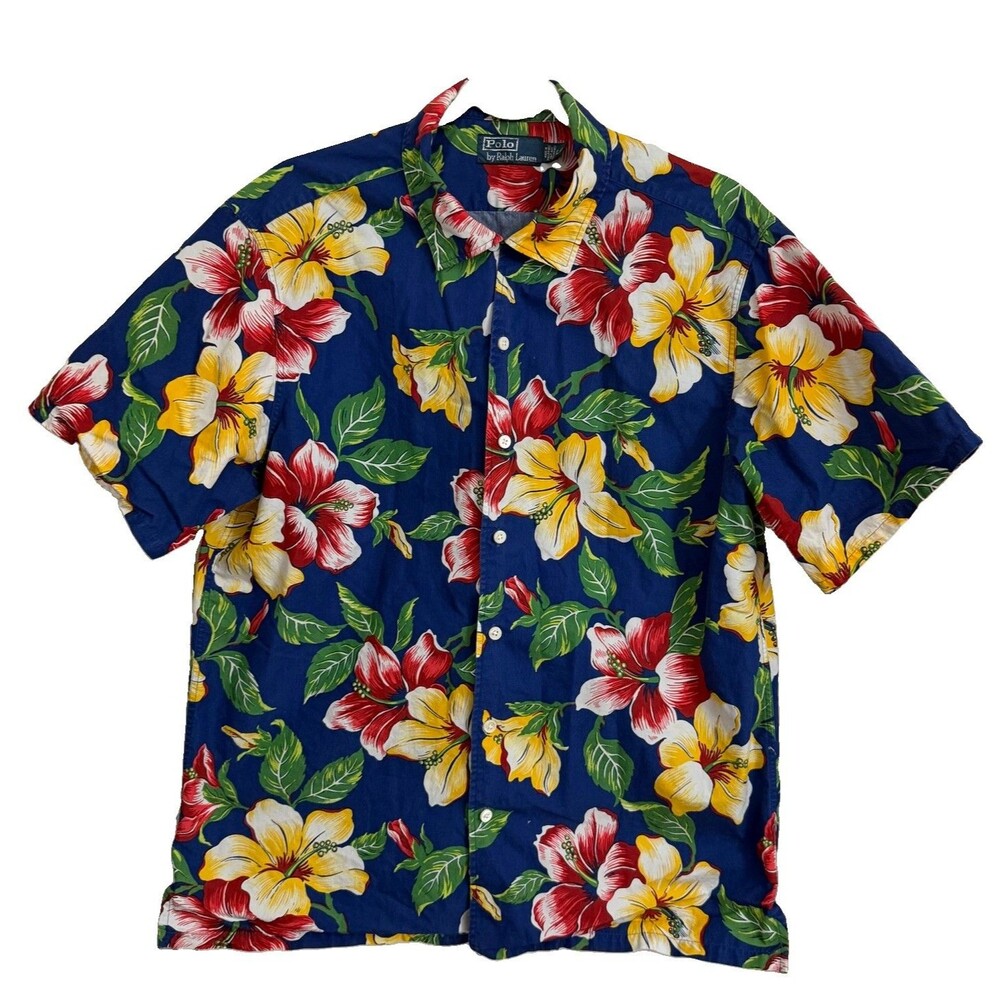 Polo Ralph Lauren Hawaiian Button Ups Shirt Mens Large Blue Floral Vintage 90s